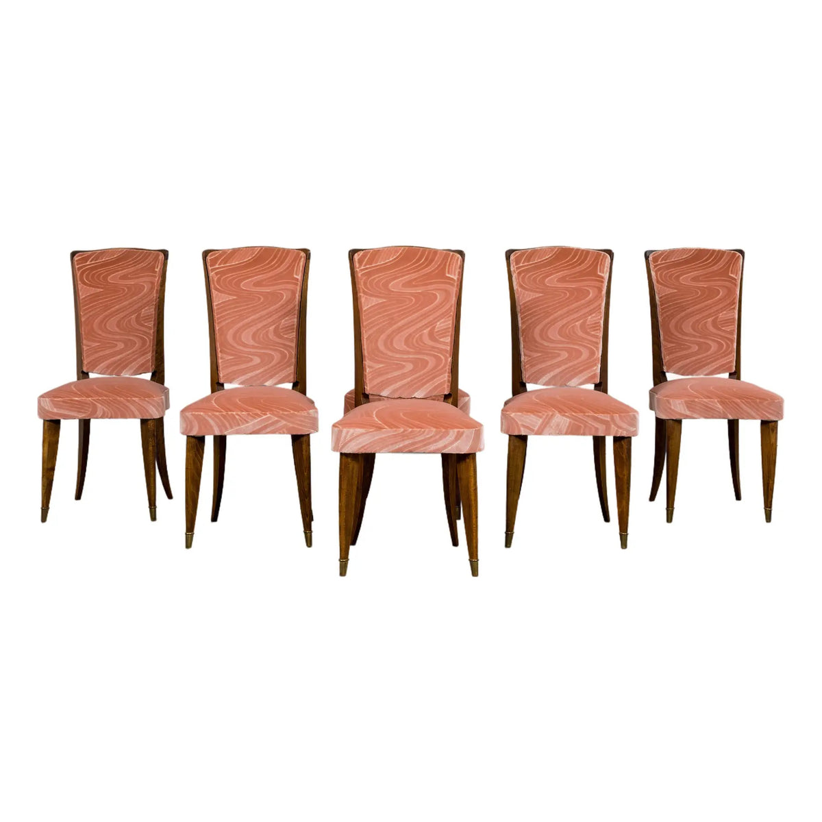 1940s French Parisian Art Deco Oak Dining Chairs in Blush Velvet - Set of 6