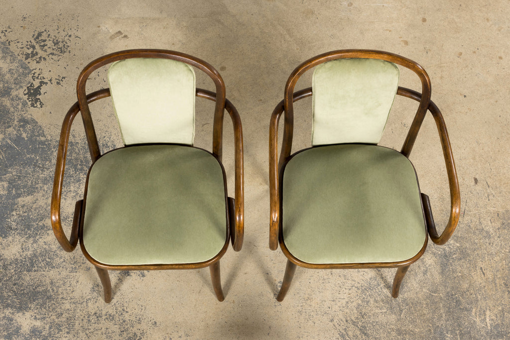 1950s Thonet Bentwood Armchairs in Willow Green Velvet – Pair