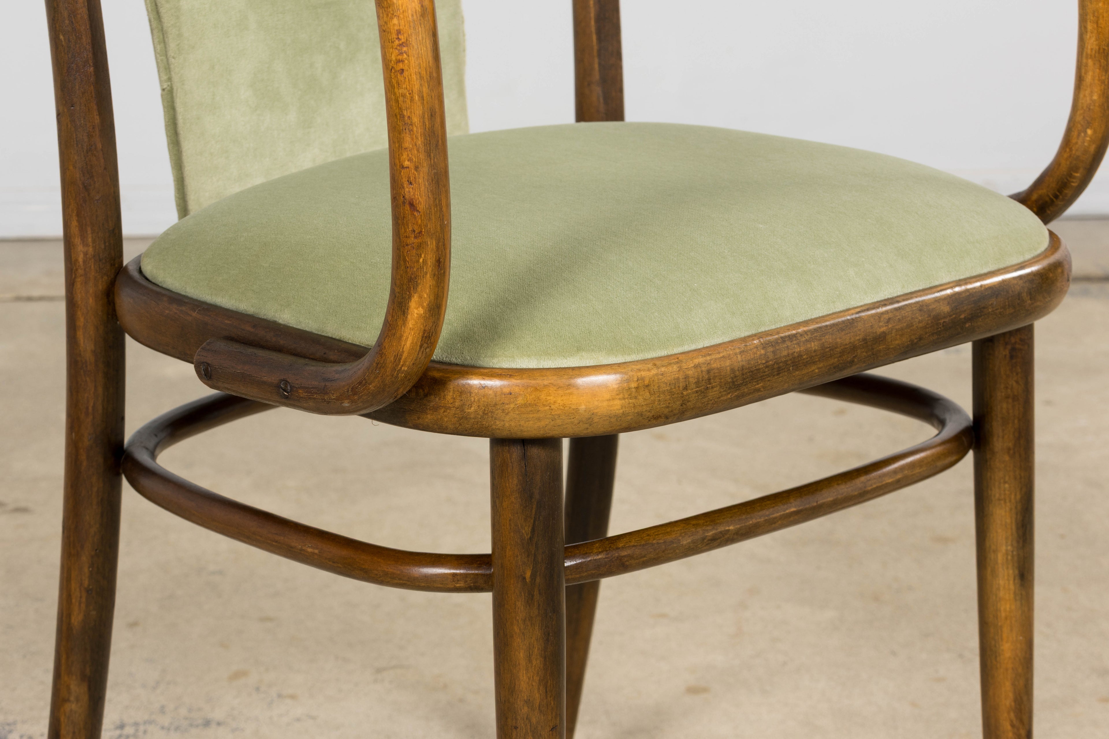1950s Thonet Bentwood Armchairs in Willow Green Velvet – Pair