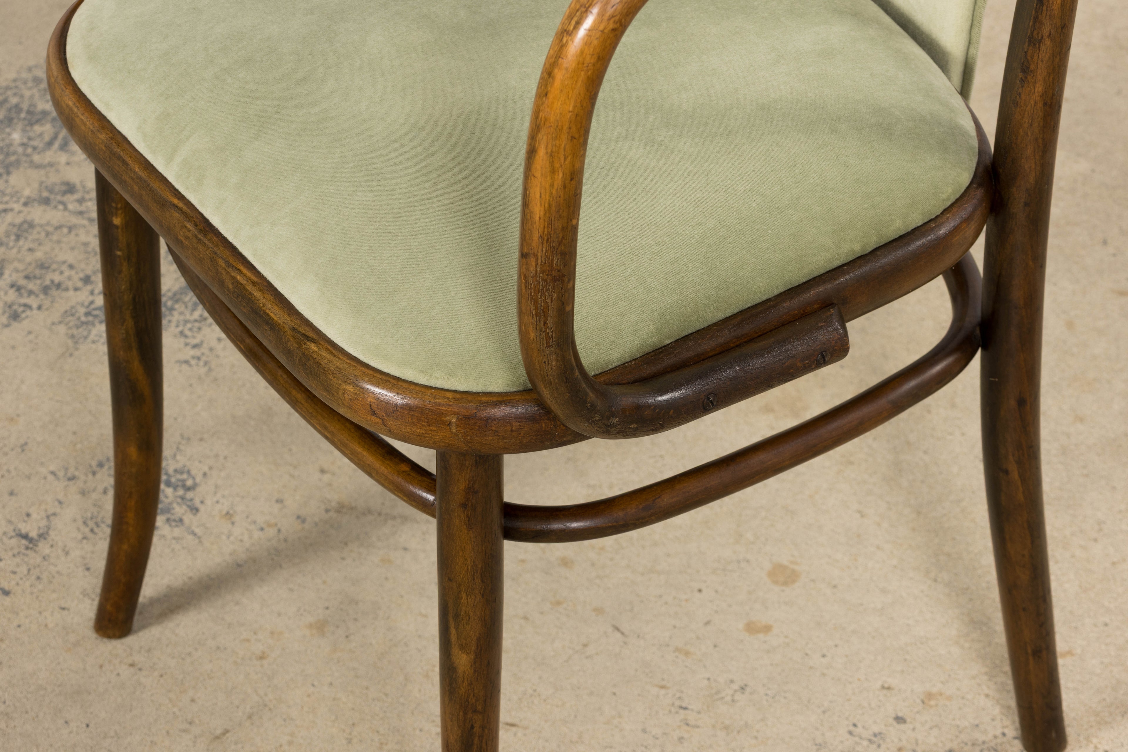 1950s Thonet Bentwood Armchairs in Willow Green Velvet – Pair