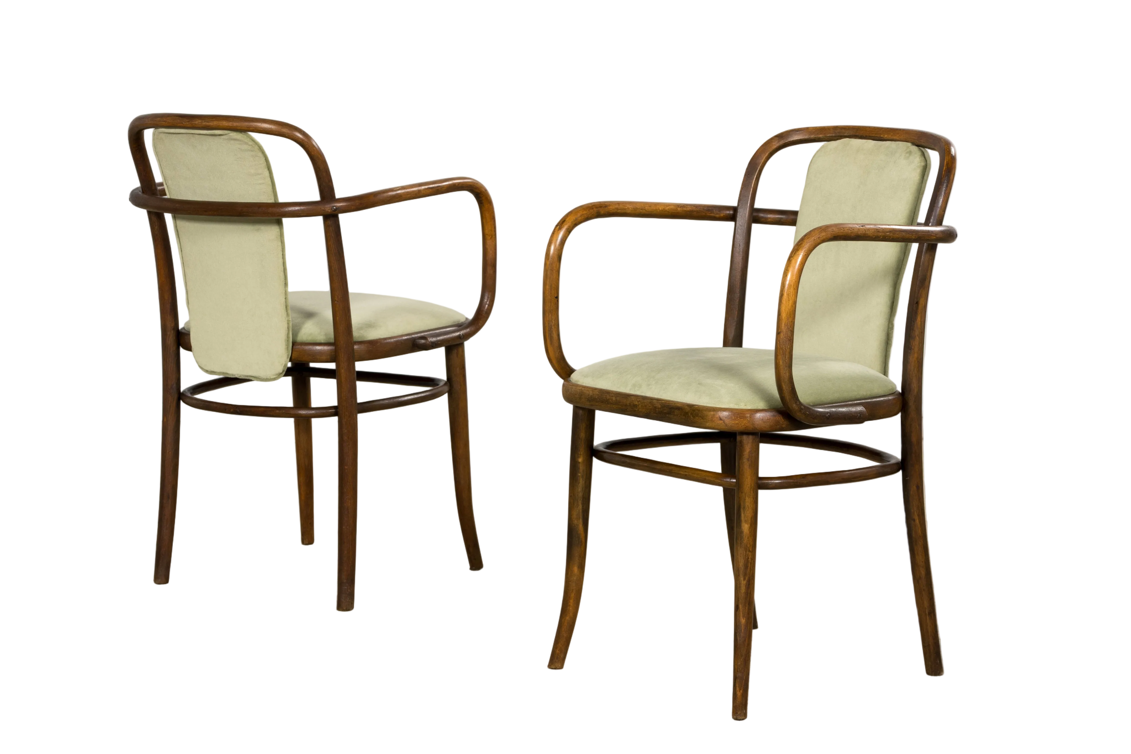 1950s Thonet Bentwood Armchairs in Willow Green Velvet – Pair