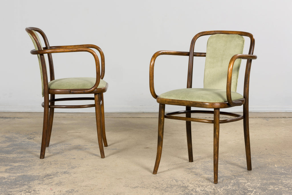 1950s Thonet Bentwood Armchairs in Willow Green Velvet – Pair