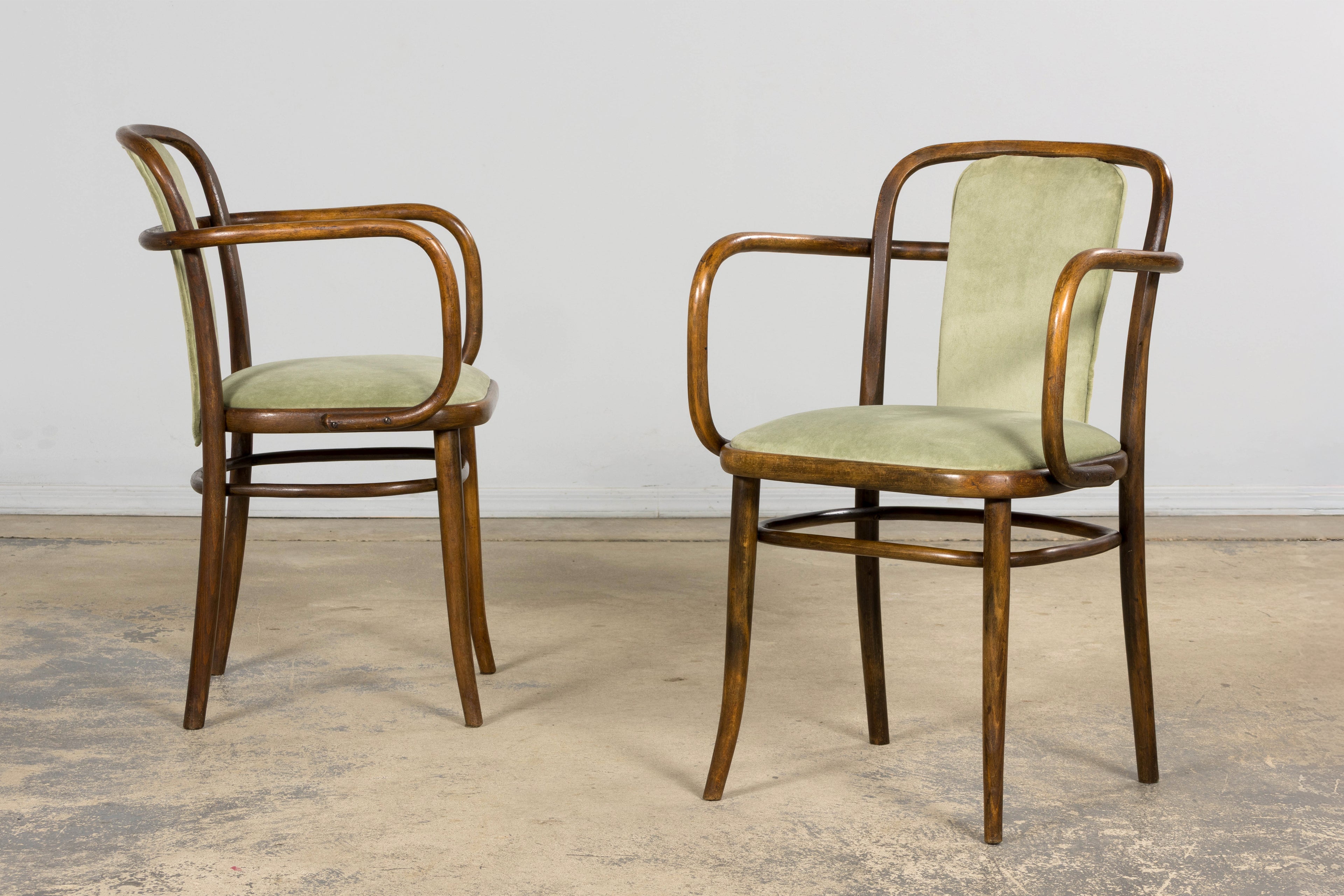 1950s Thonet Bentwood Armchairs in Willow Green Velvet – Pair