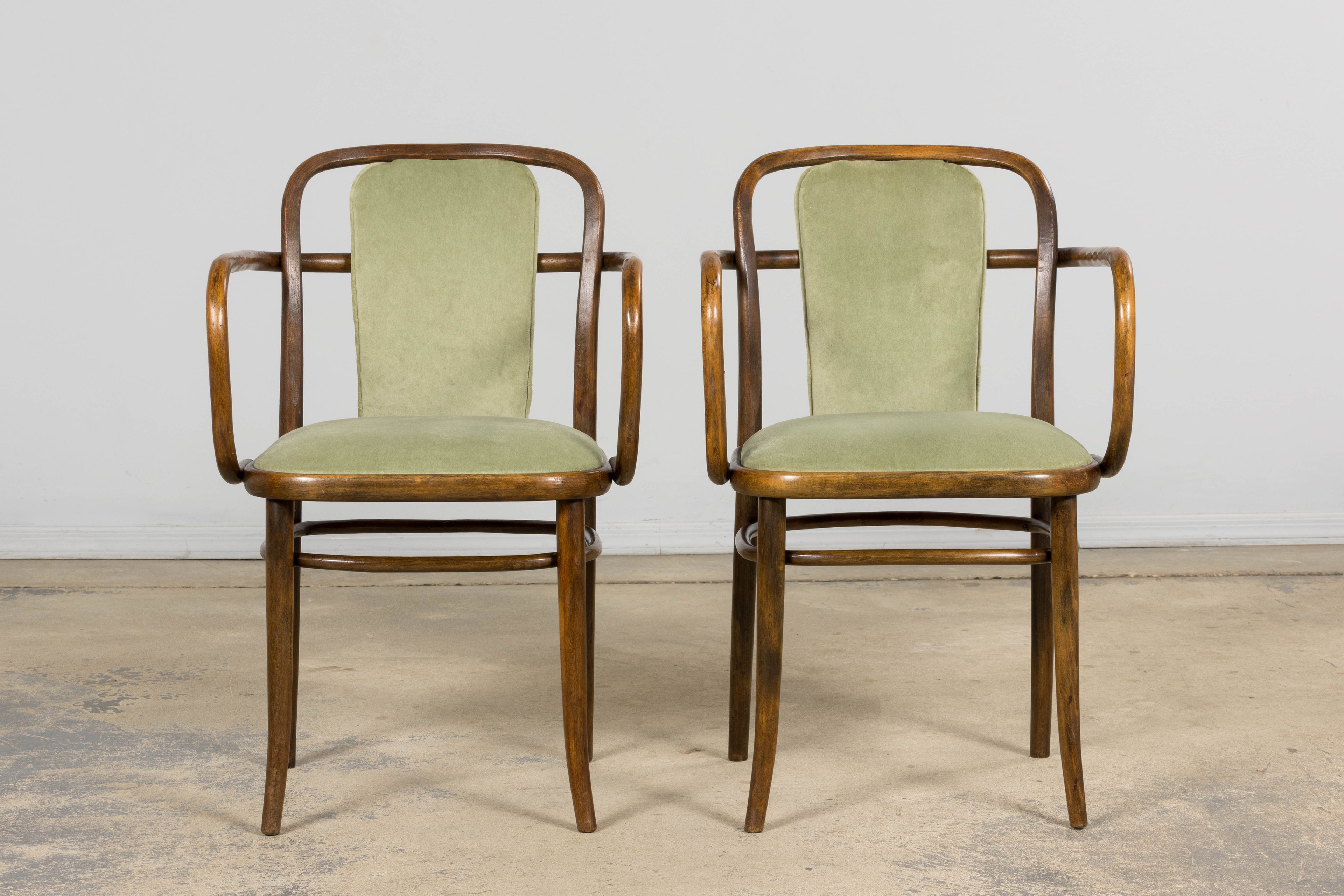 1950s Thonet Bentwood Armchairs in Willow Green Velvet – Pair