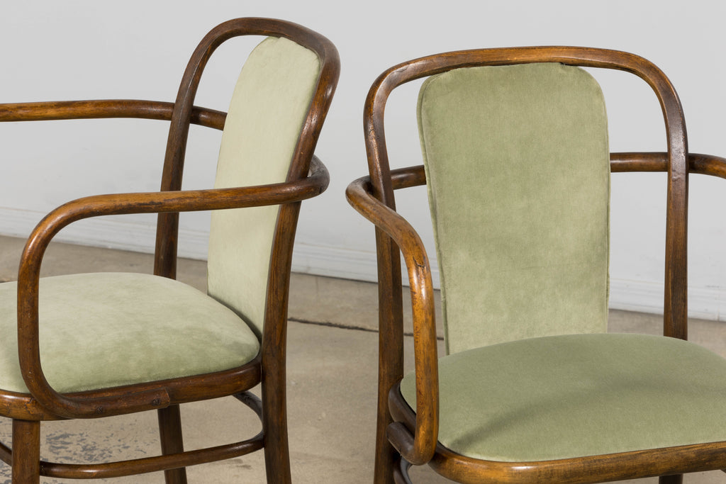 1950s Thonet Bentwood Armchairs in Willow Green Velvet – Pair