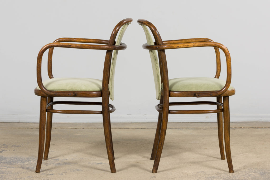 1950s Thonet Bentwood Armchairs in Willow Green Velvet – Pair