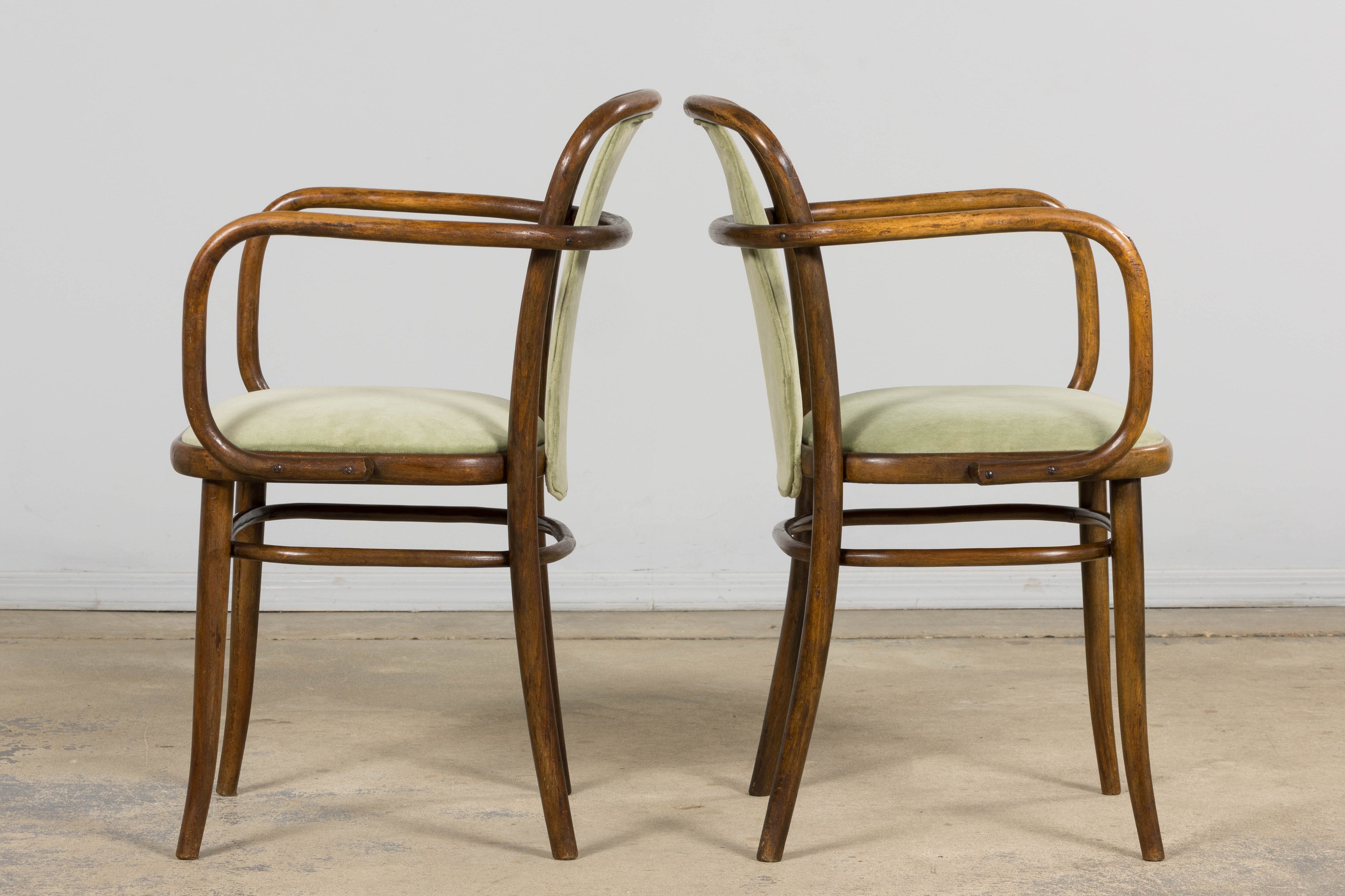 1950s Thonet Bentwood Armchairs in Willow Green Velvet – Pair