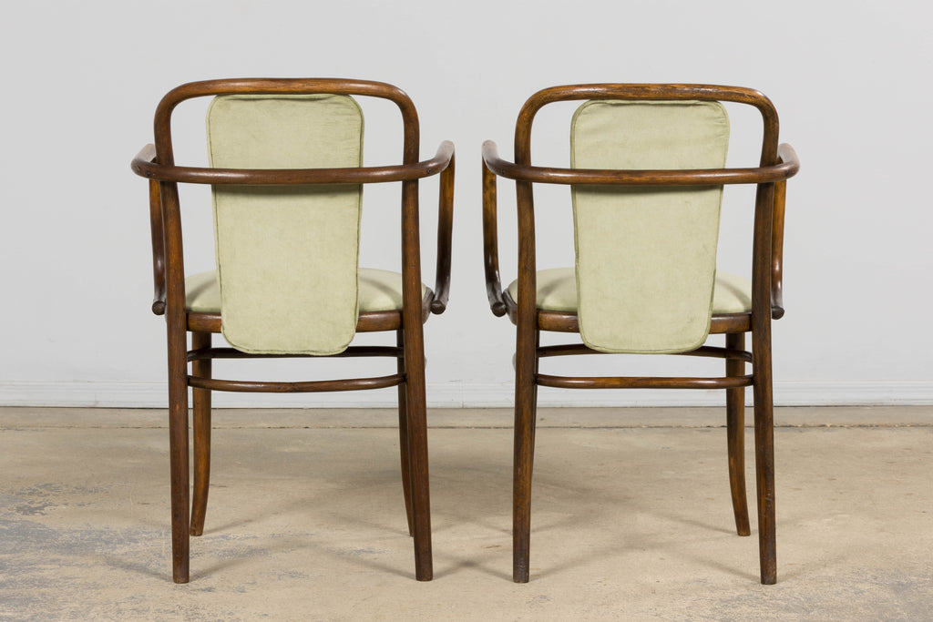 1950s Thonet Bentwood Armchairs in Willow Green Velvet – Pair