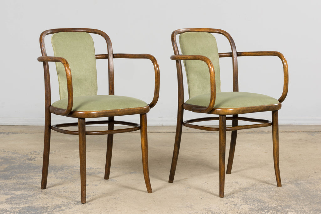 1950s Thonet Bentwood Armchairs in Willow Green Velvet – Pair