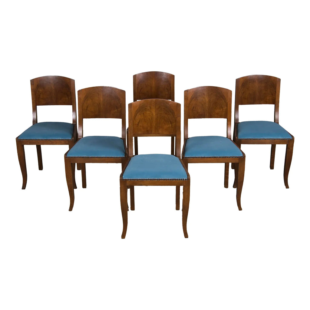1950s French Art Deco Maple Dining Chairs W/ Blue Velvet - Set of 6