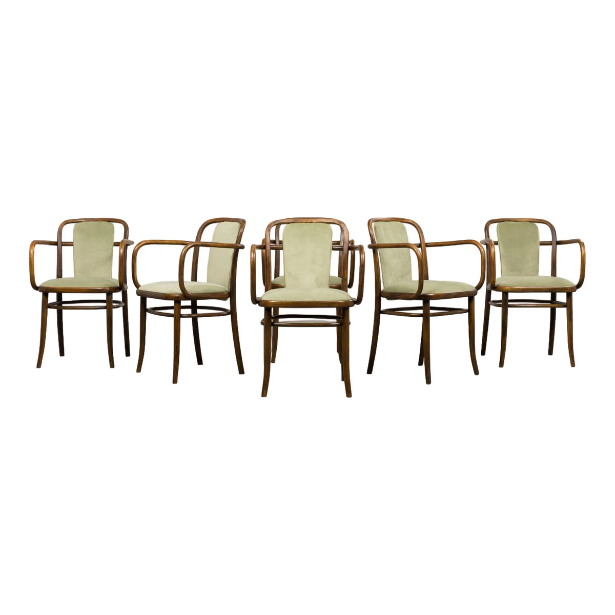 1950s Thonet Bentwood Armchairs in Willow Green Velvet - Set of 6