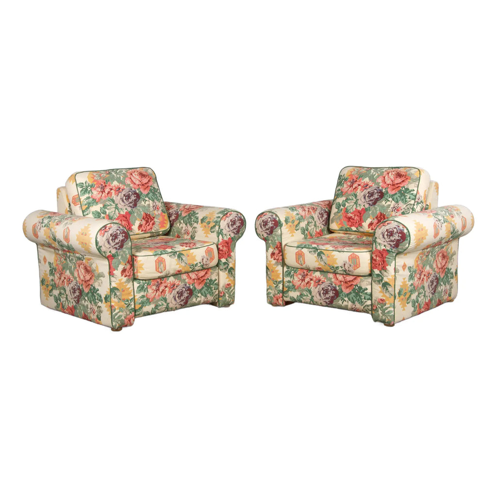 1980s French Club Chairs W/ Floral Fabric - A Pair