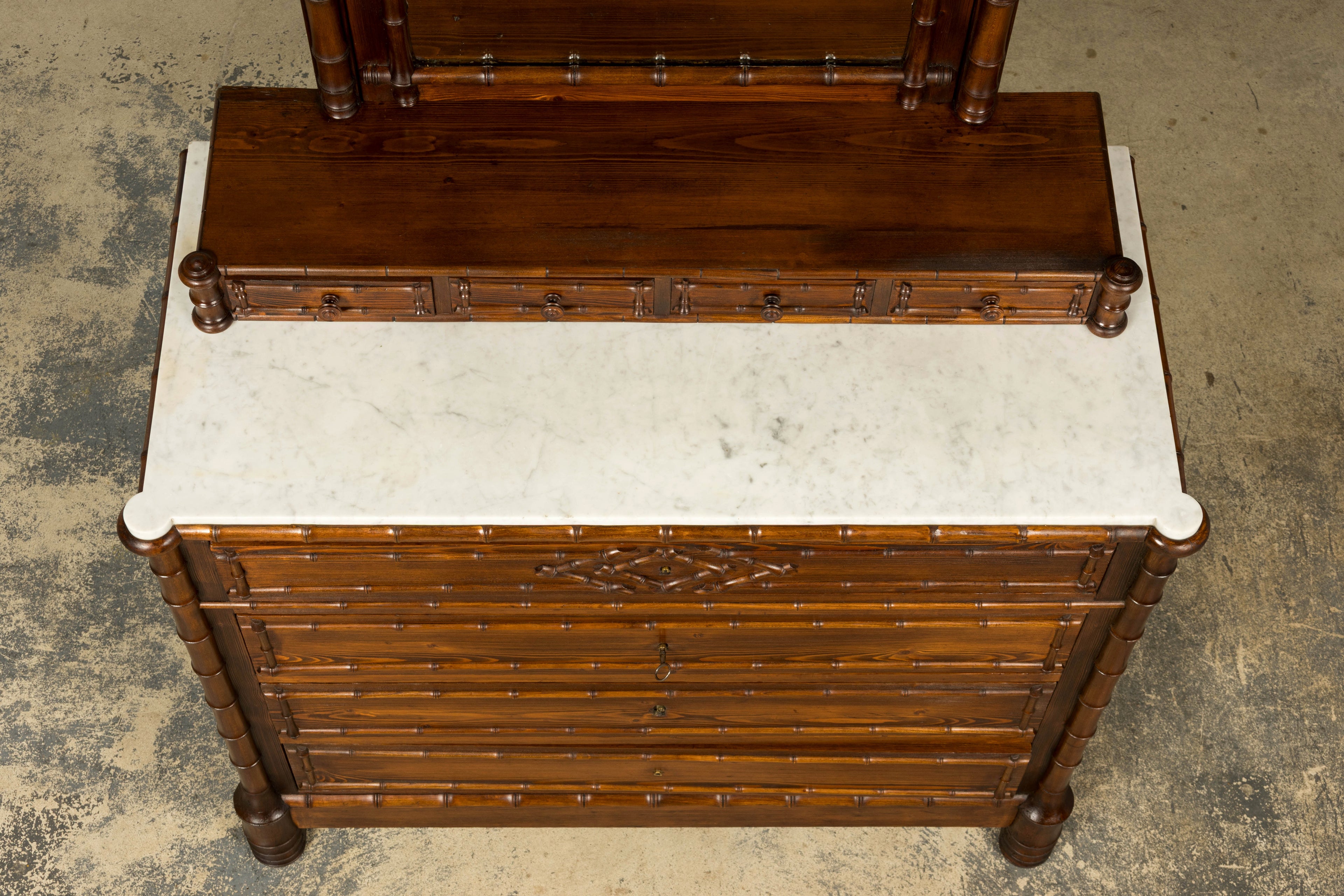 19th Century French Napoleon III Bamboo Dresser with Carrara Marble and Mirror