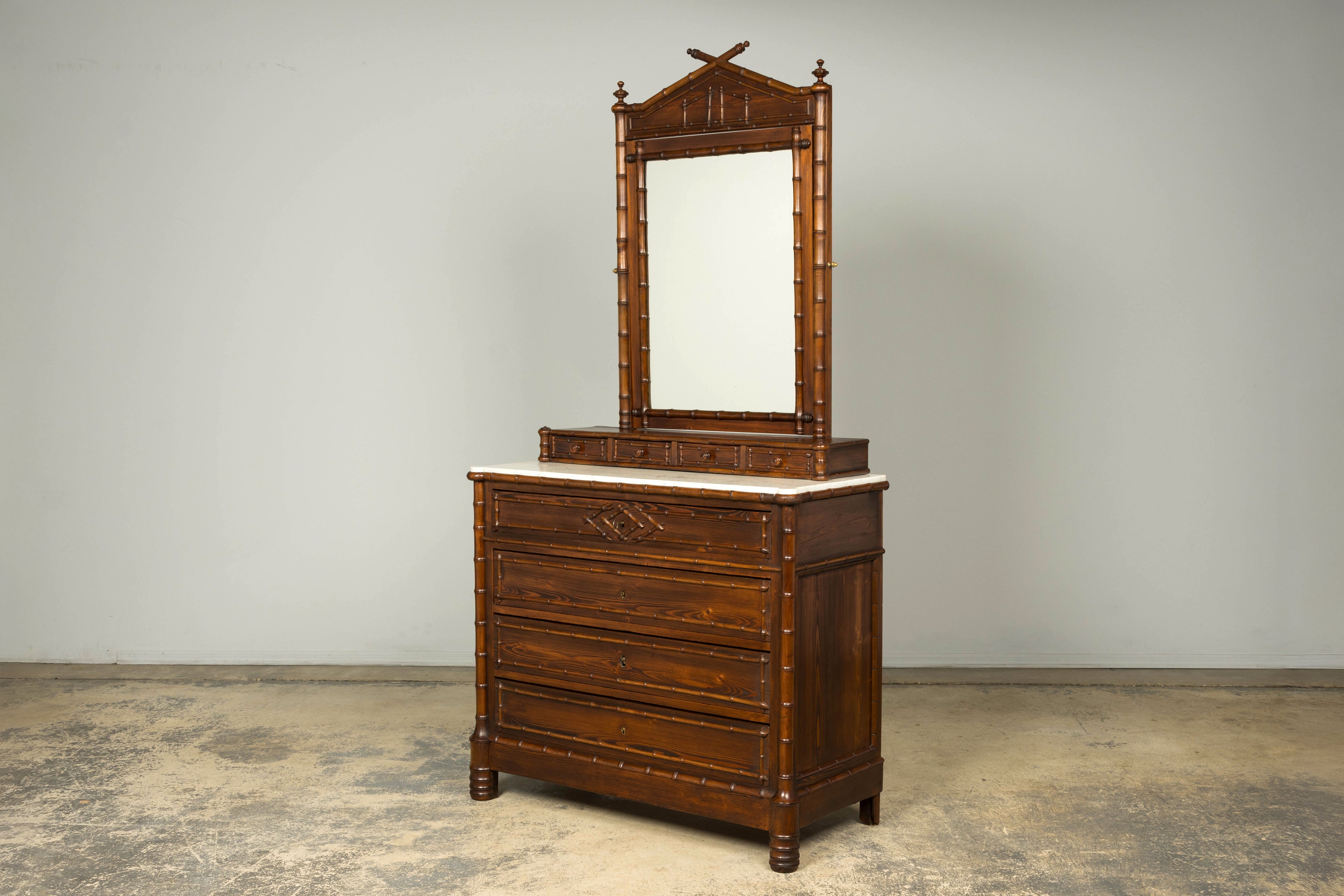19th Century French Napoleon III Bamboo Dresser with Carrara Marble and Mirror