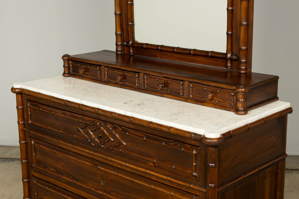 19th Century French Napoleon III Bamboo Dresser with Carrara Marble and Mirror