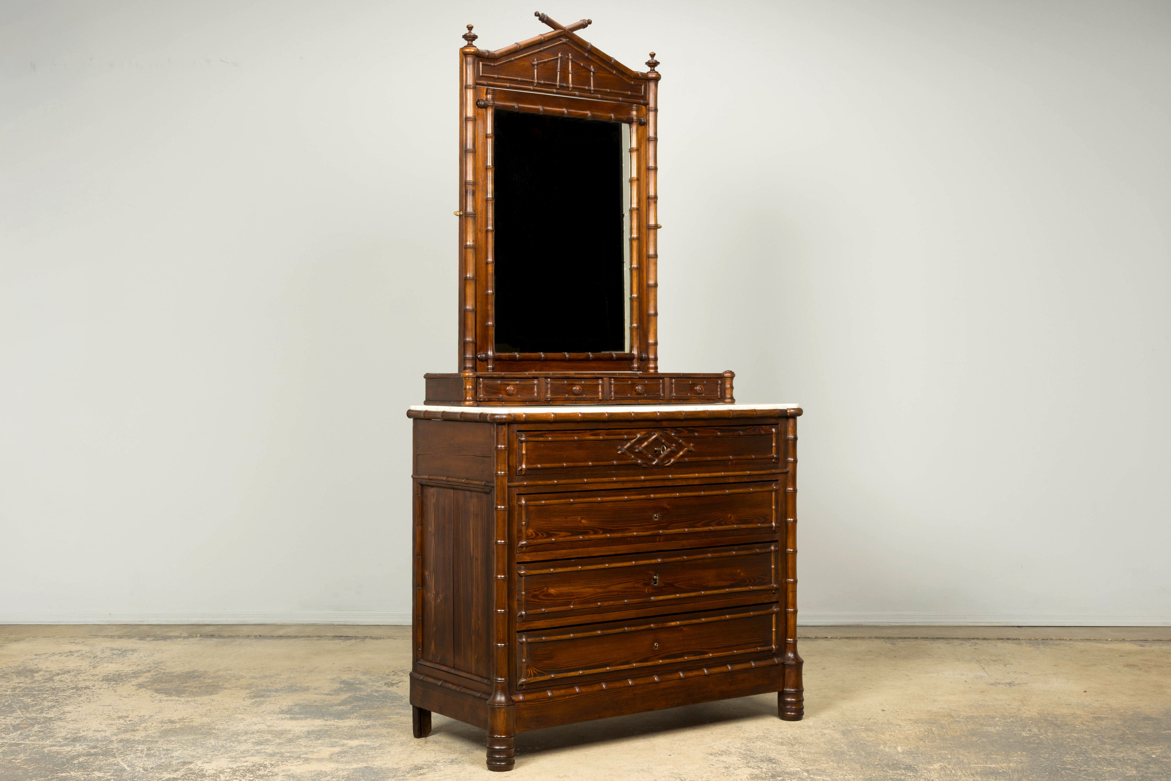 19th Century French Napoleon III Bamboo Dresser with Carrara Marble and Mirror