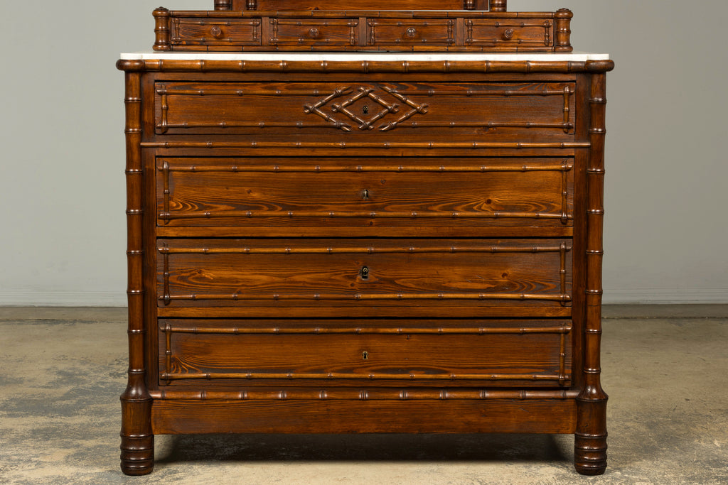 19th Century French Napoleon III Bamboo Dresser with Carrara Marble and Mirror