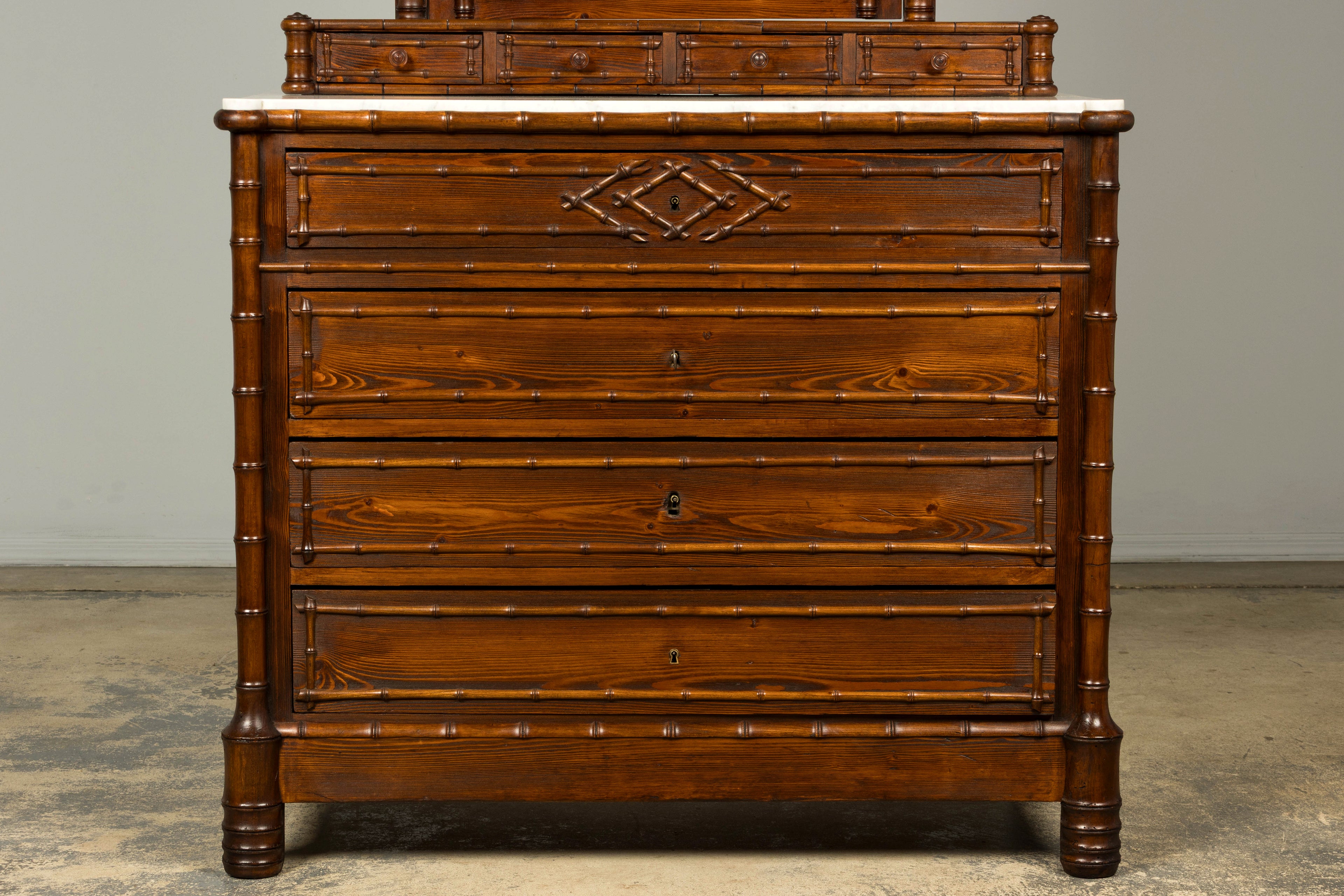 19th Century French Napoleon III Bamboo Dresser with Carrara Marble and Mirror