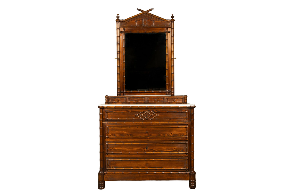 19th Century French Napoleon III Bamboo Dresser with Carrara Marble and Mirror