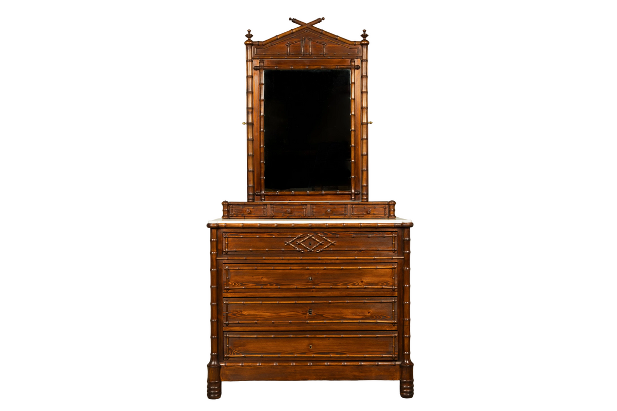 19th Century French Napoleon III Bamboo Dresser with Carrara Marble and Mirror
