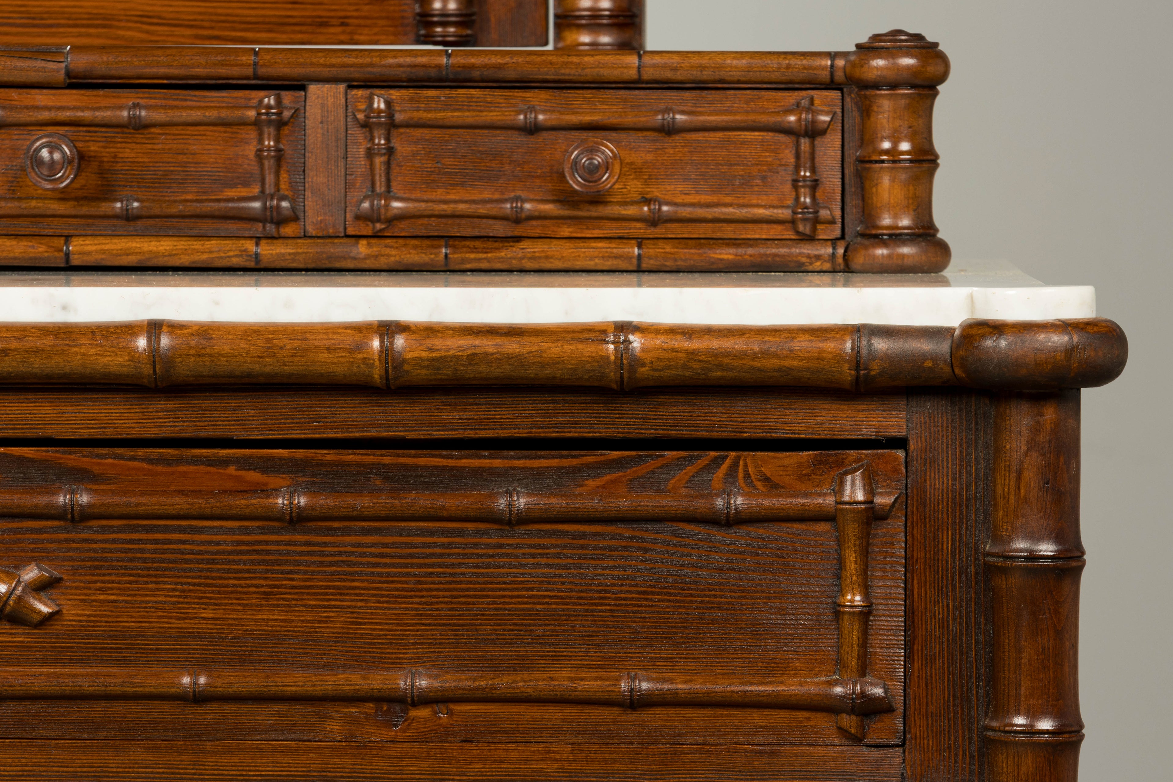 19th Century French Napoleon III Bamboo Dresser with Carrara Marble and Mirror