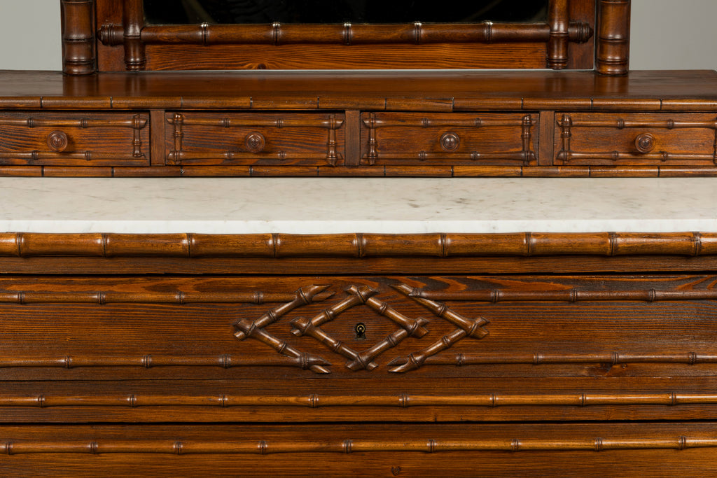 19th Century French Napoleon III Bamboo Dresser with Carrara Marble and Mirror