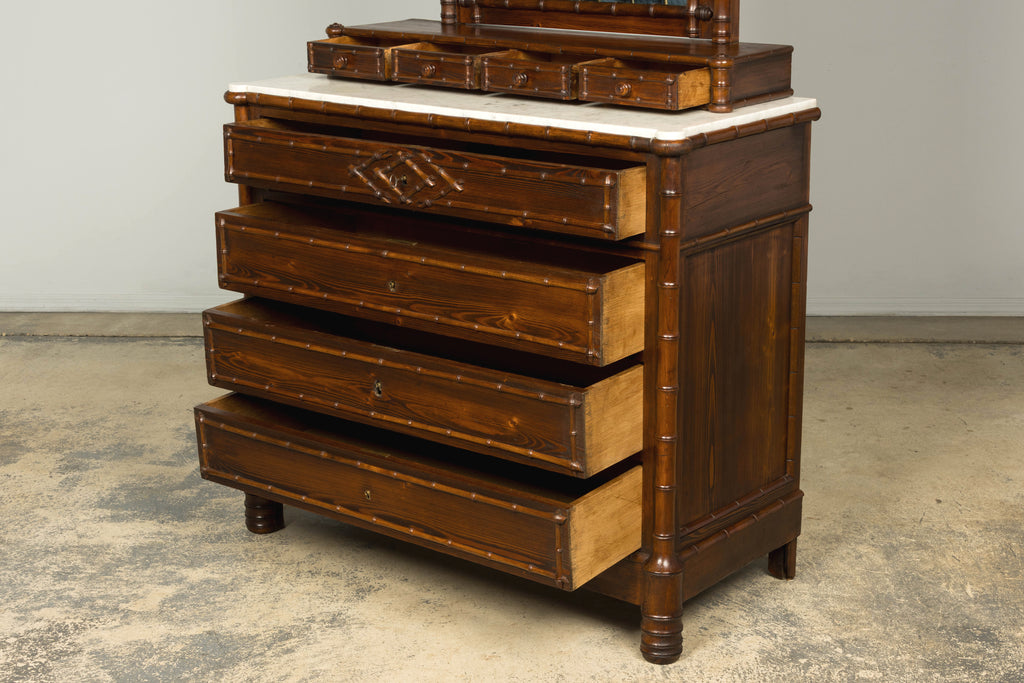 19th Century French Napoleon III Bamboo Dresser with Carrara Marble and Mirror