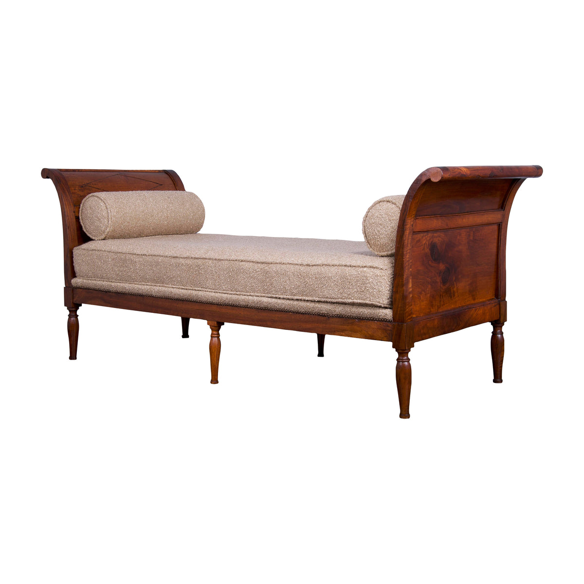 19th Century French Neoclassical Directoire Style Walnut Daybed W/ Beige Boucle