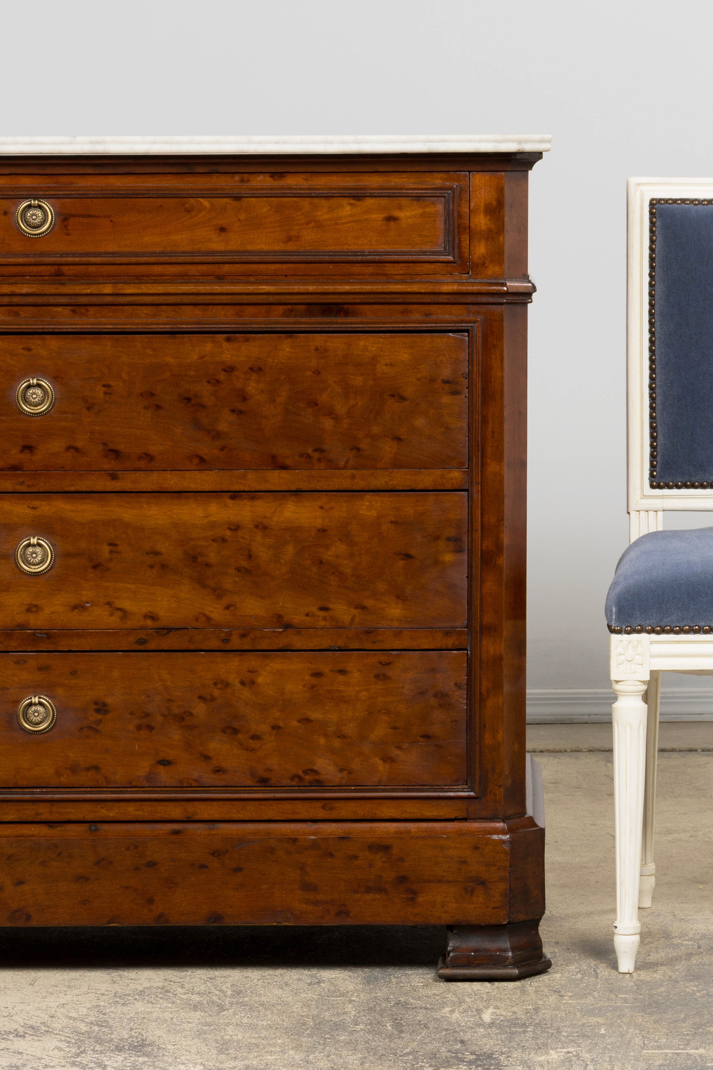 19th Century French Louis Philippe Burl Walnut Commode W/ Carrara Marble