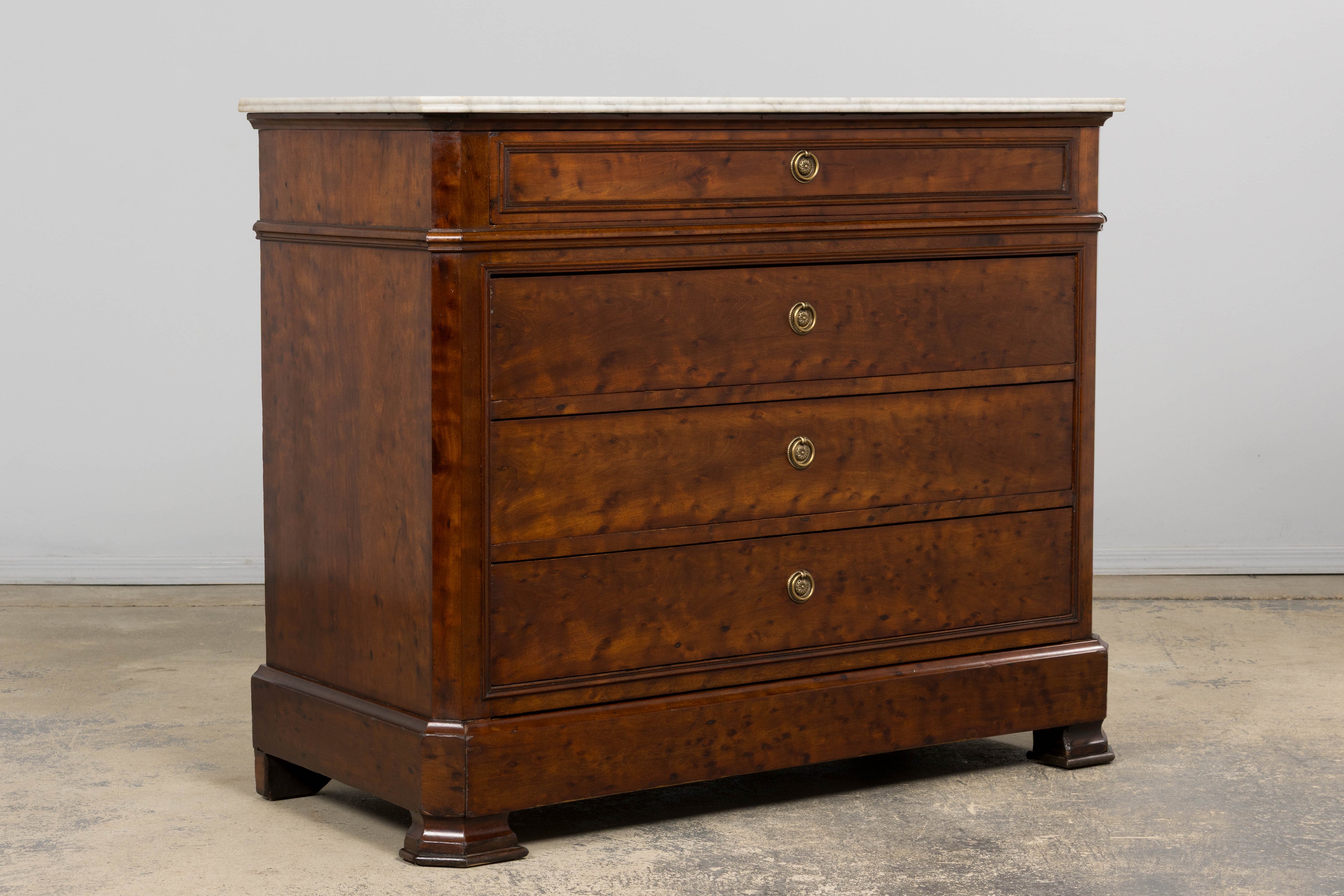 19th Century French Louis Philippe Burl Walnut Commode W/ Carrara Marble