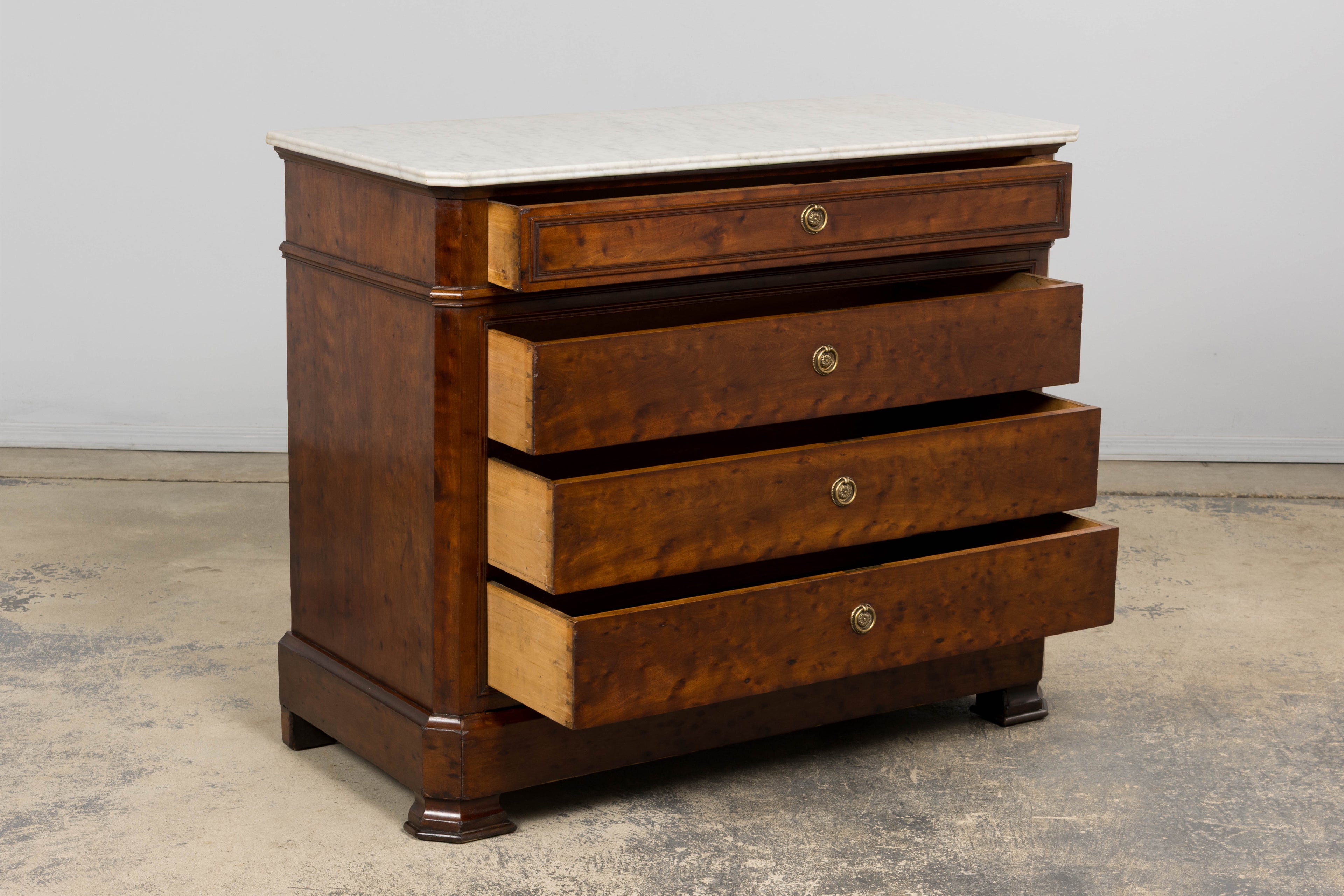 19th Century French Louis Philippe Burl Walnut Commode W/ Carrara Marble