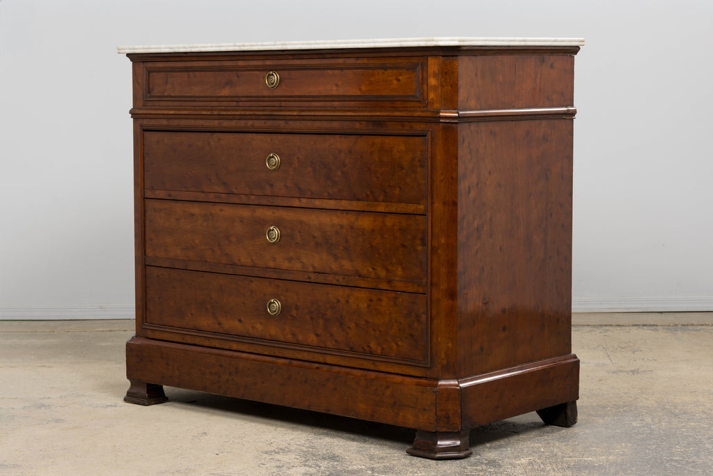 19th Century French Louis Philippe Burl Walnut Commode W/ Carrara Marble