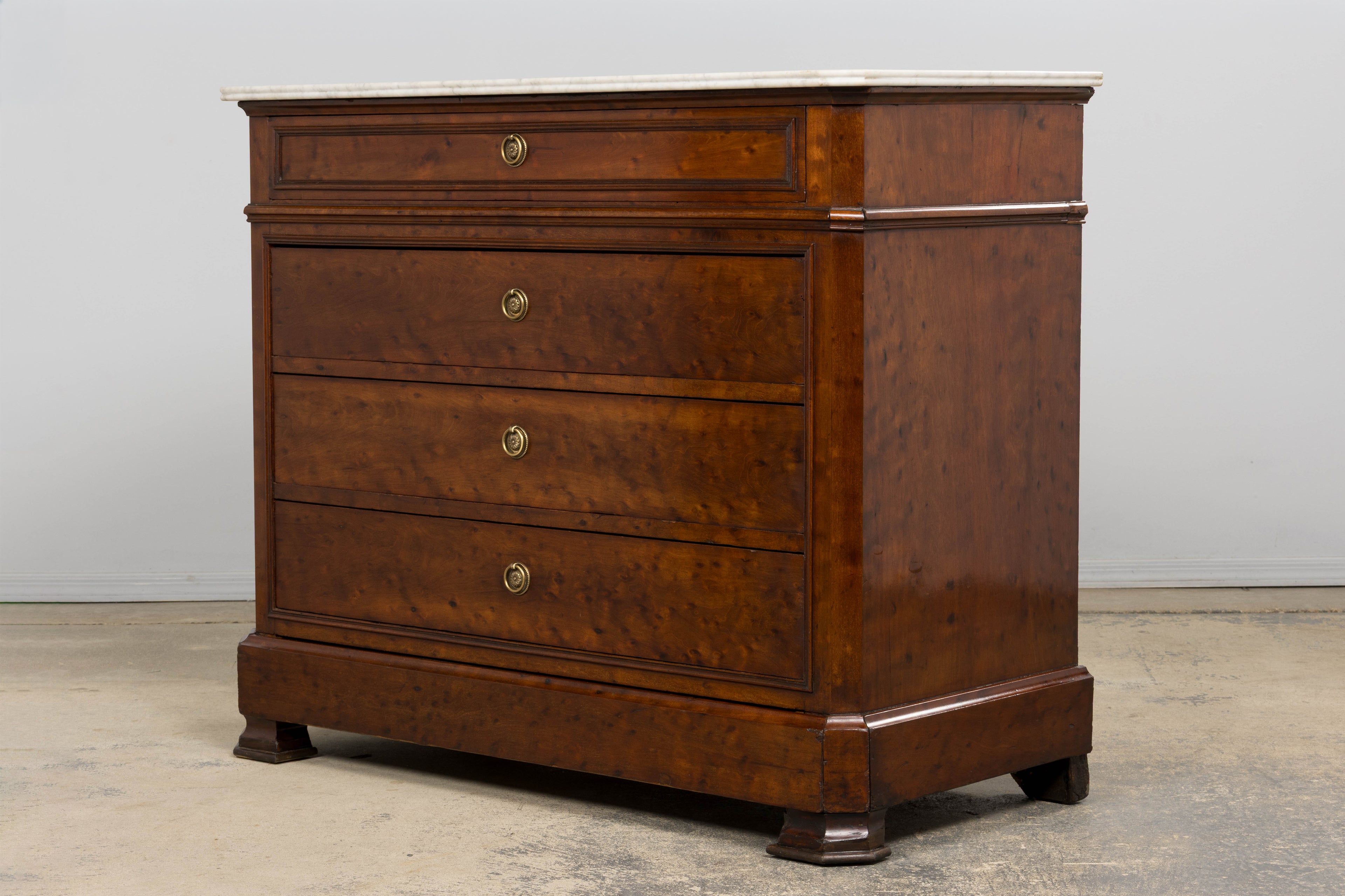 19th Century French Louis Philippe Burl Walnut Commode W/ Carrara Marble