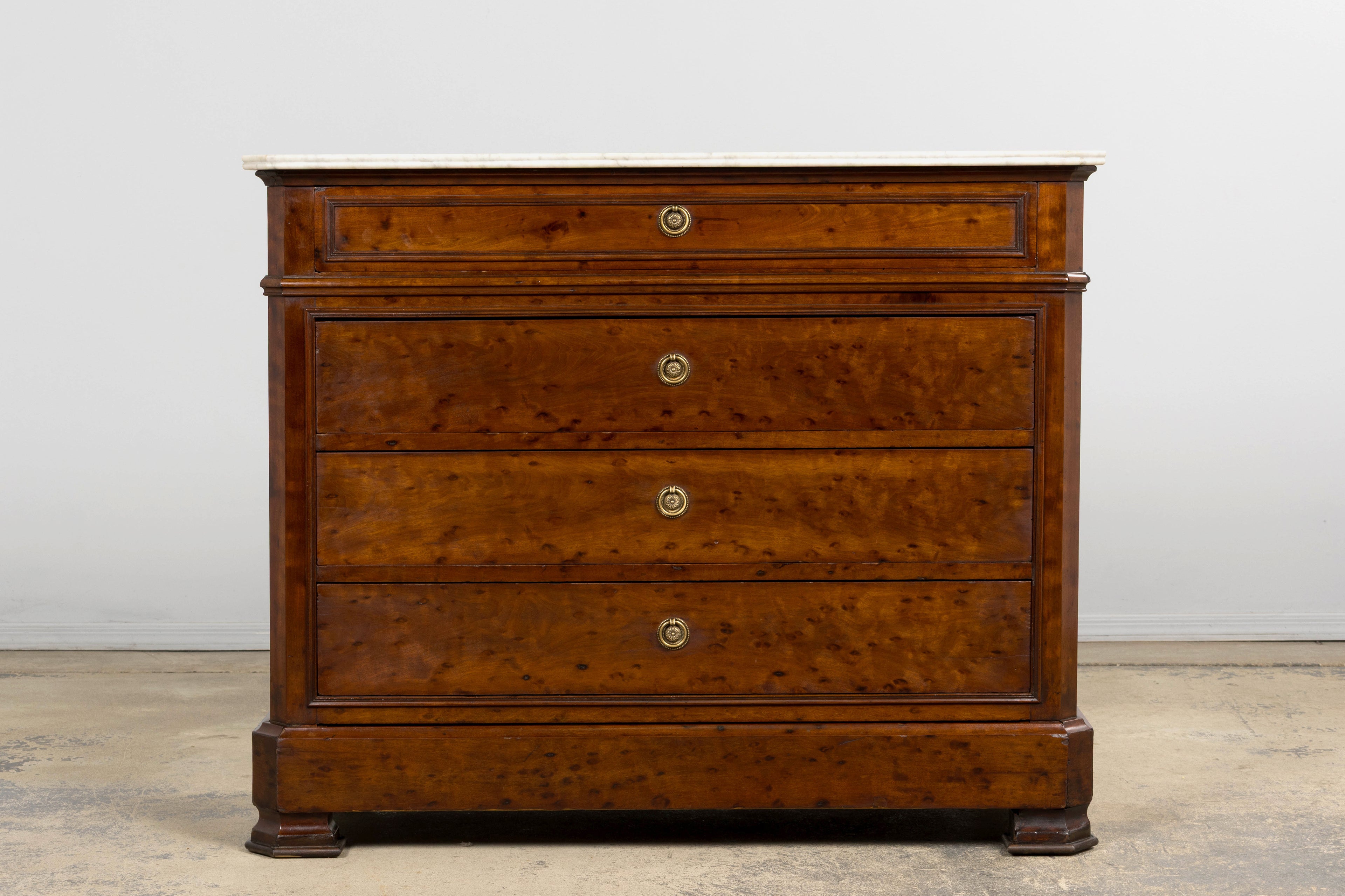 19th Century French Louis Philippe Burl Walnut Commode W/ Carrara Marble