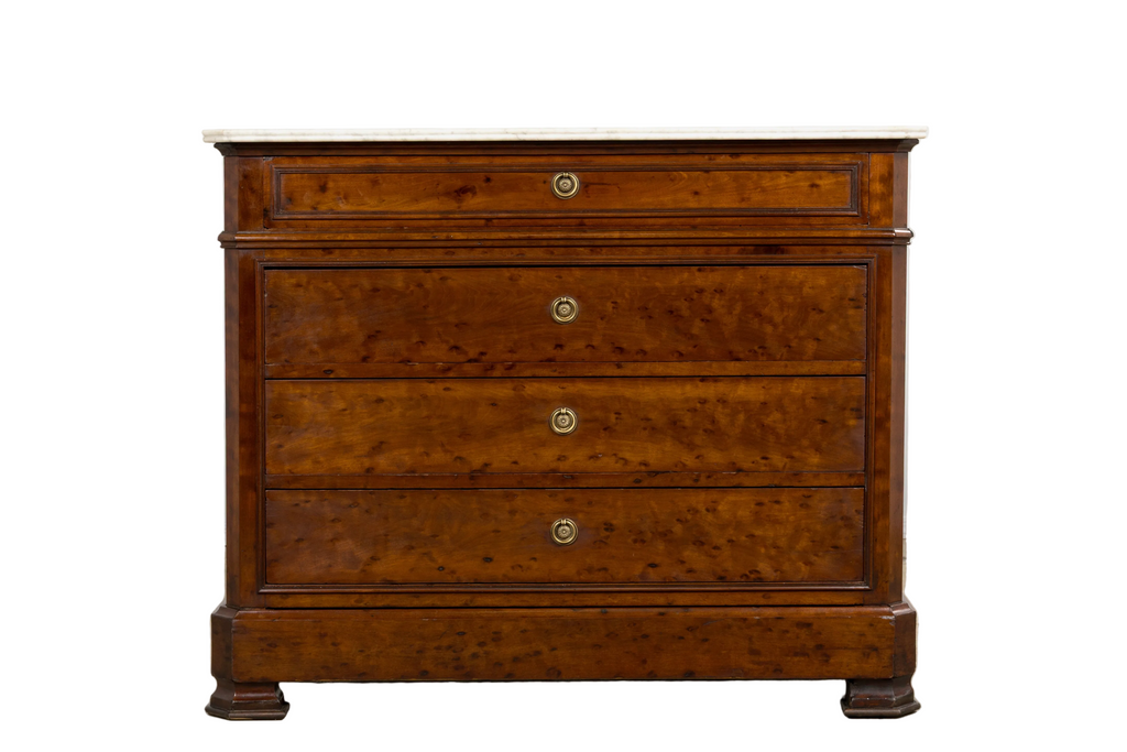 19th Century French Louis Philippe Burl Walnut Commode W/ Carrara Marble