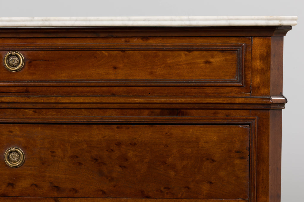 19th Century French Louis Philippe Burl Walnut Commode W/ Carrara Marble