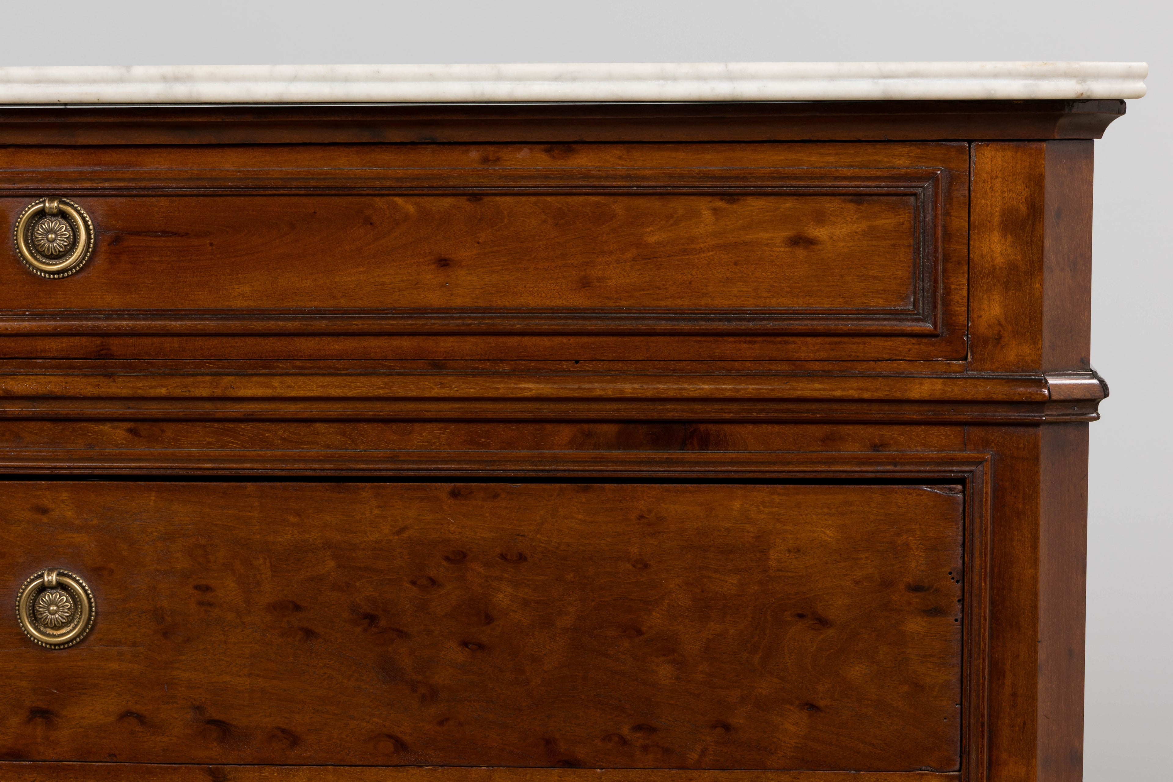 19th Century French Louis Philippe Burl Walnut Commode W/ Carrara Marble