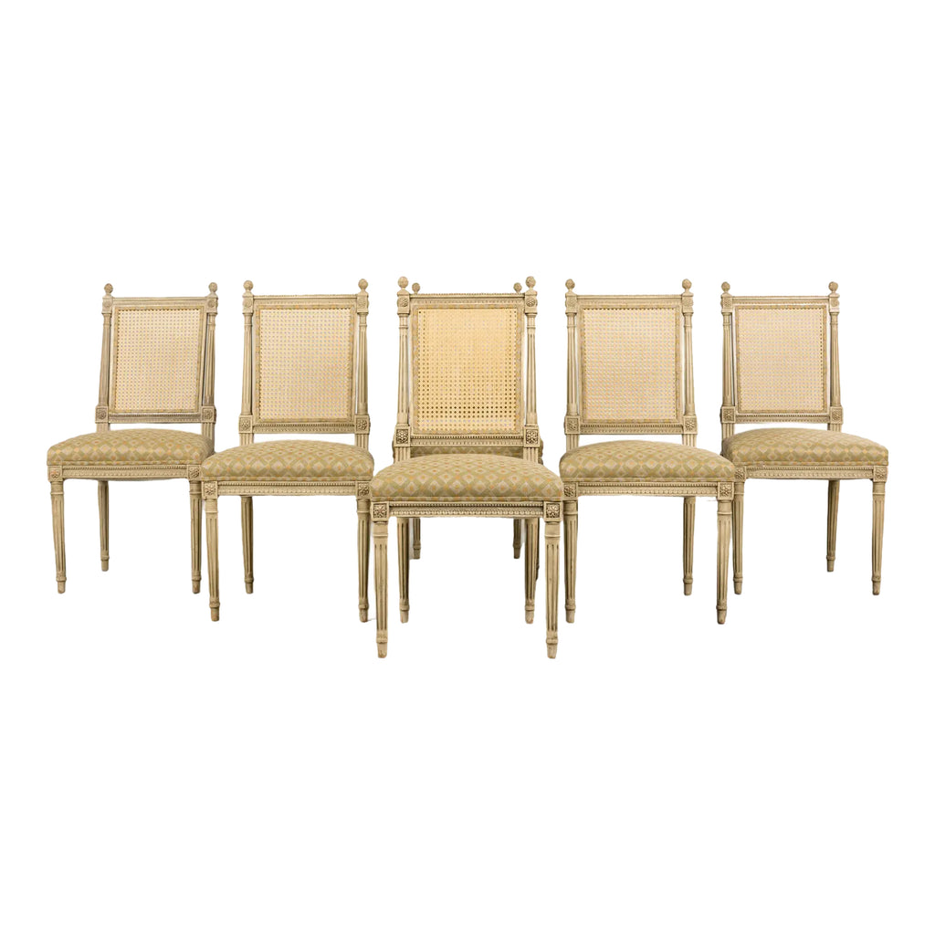 19th Century French Louis XVI Painted Cane Back Dining Chairs W/ Green Linen - Set of 6