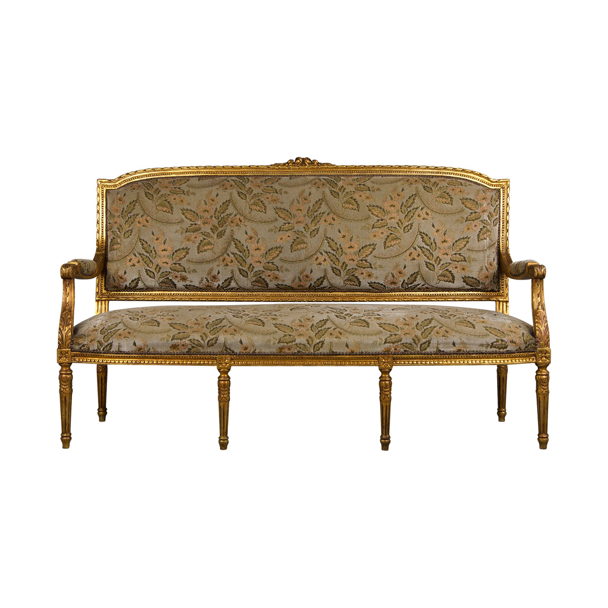 19th Century French Louis XVI Style Gilded Settee W/ Green Floral Velvet
