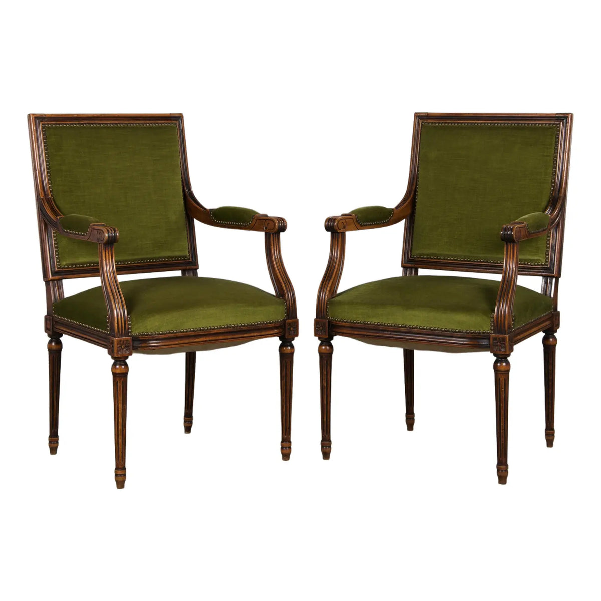 19th Century French Louis XVI Style Maple Armchairs in Green Velvet - A Pair