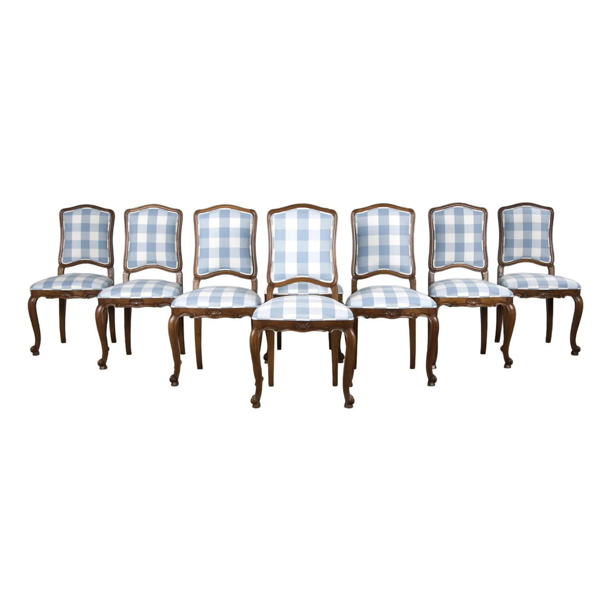 19th Century French Louis XV Style Walnut Dining Chairs In Light Blue Plaid - Set of 8