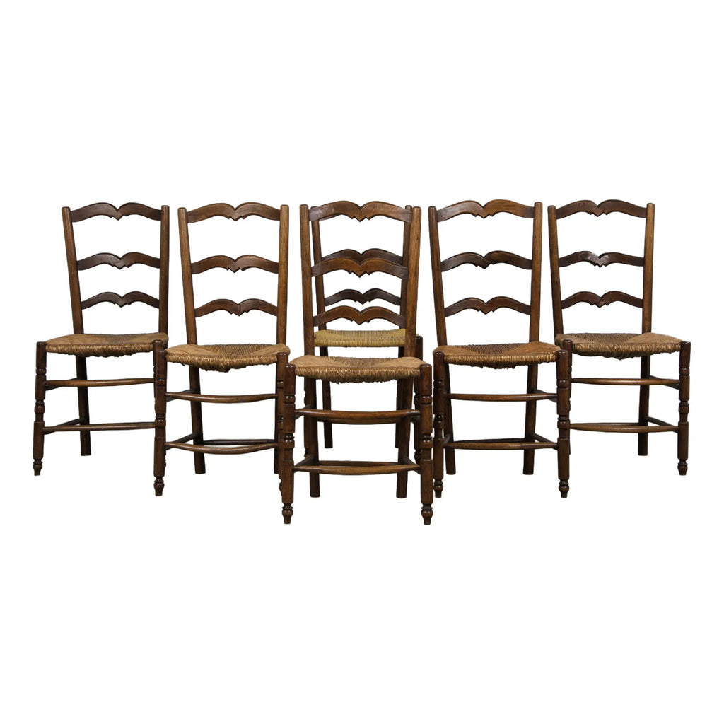 19th Century French Provincial Ladder Back Oak Dining Chairs W/ Rush Seats - Set of 6
