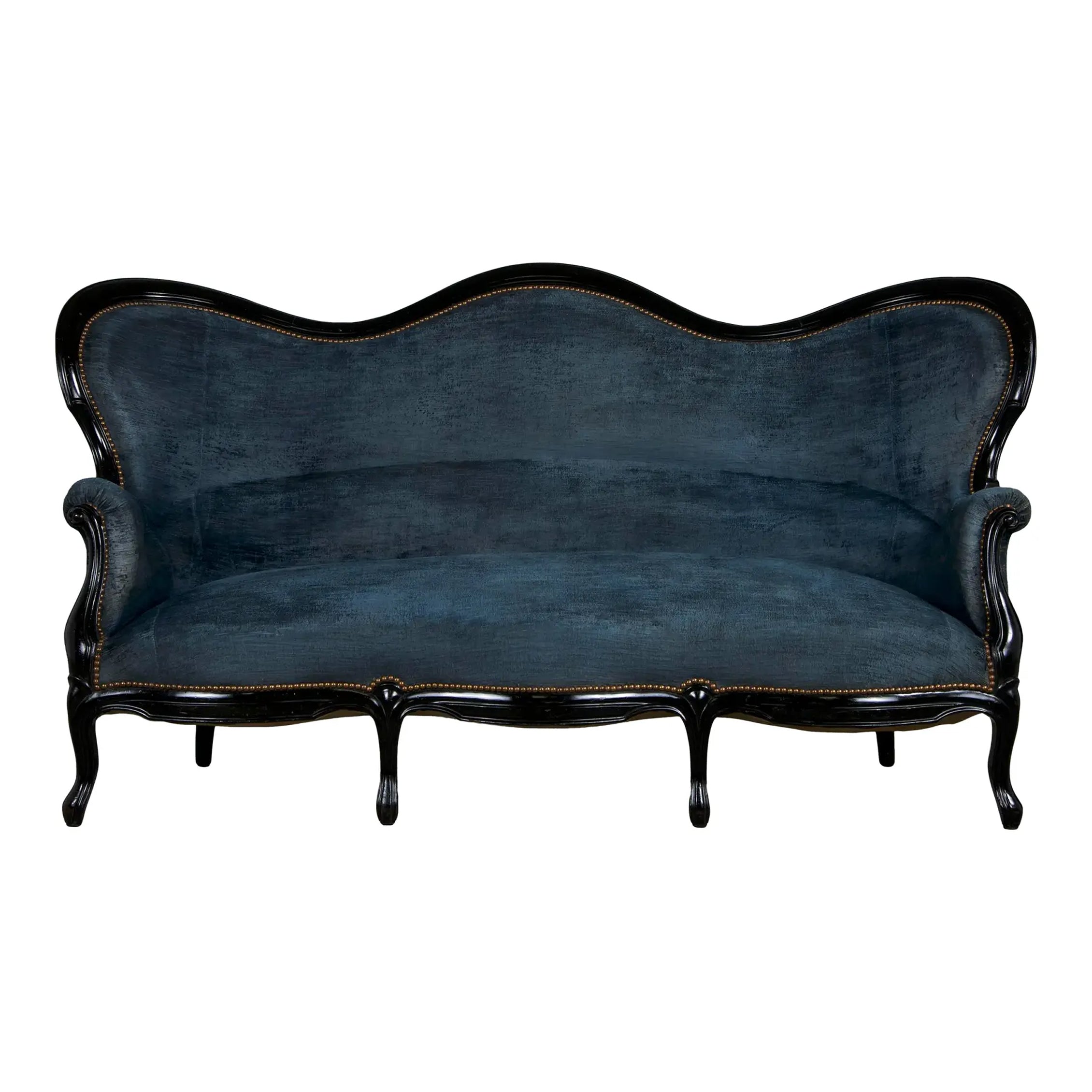 19th Century Napoleon III Ebonized Settee W/ Blue Velvet