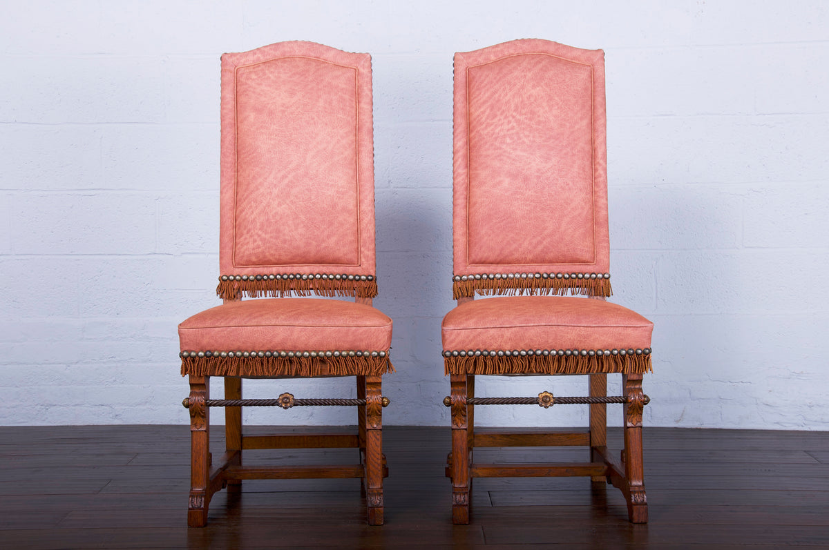 French Louis XIII Style Arched Back Tiger Oak Dining Chairs - Set of 8