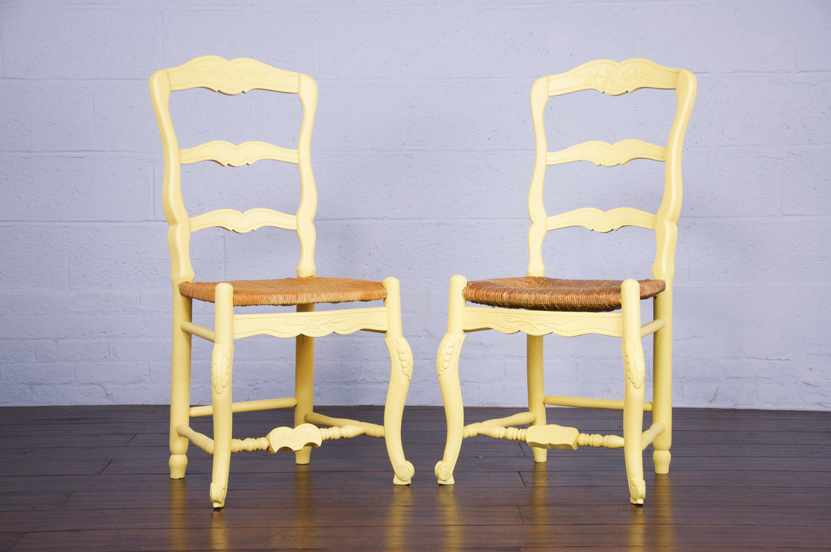 Country French Louis XV Style Provincial Painted in Yellow Dining Chairs W/ Rush Seats - Set of 6