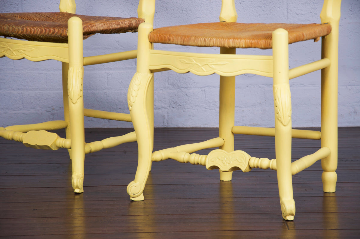 Country French Louis XV Style Provincial Painted in Yellow Dining Chairs W/ Rush Seats - Set of 6