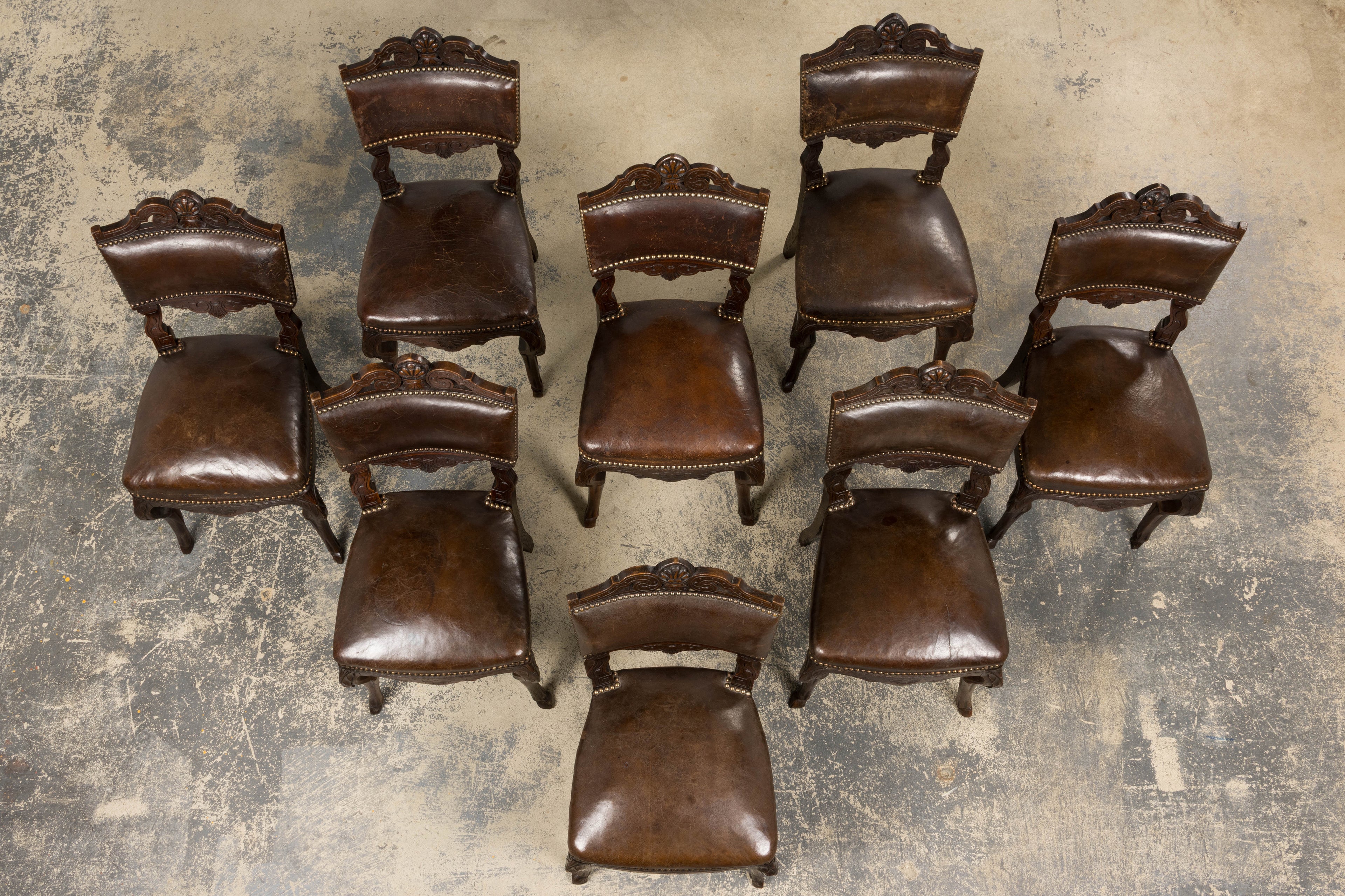 Antique French Louis XV Style Oak Dining Chairs W/ Brown Leather - Set of 8
