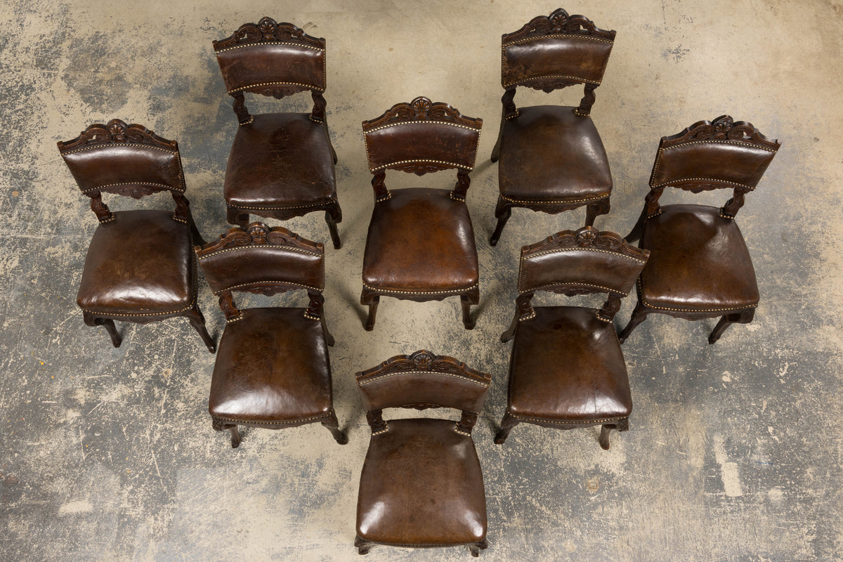 Antique French Louis XV Style Oak Dining Chairs W/ Brown Leather - Set of 8