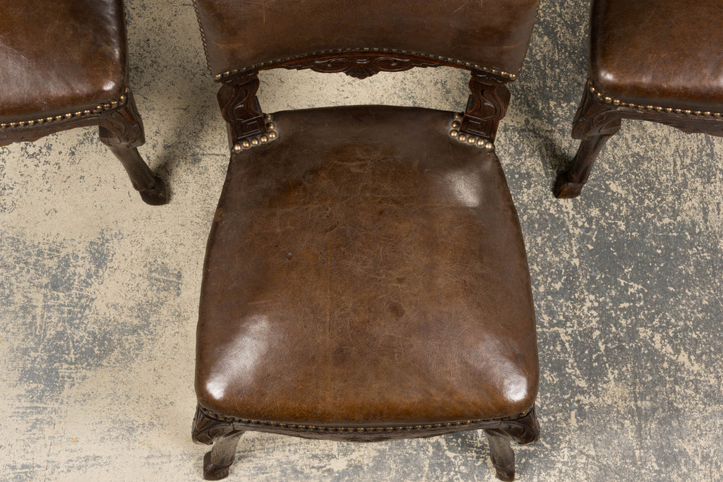 Antique French Louis XV Style Oak Dining Chairs W/ Brown Leather - Set of 8