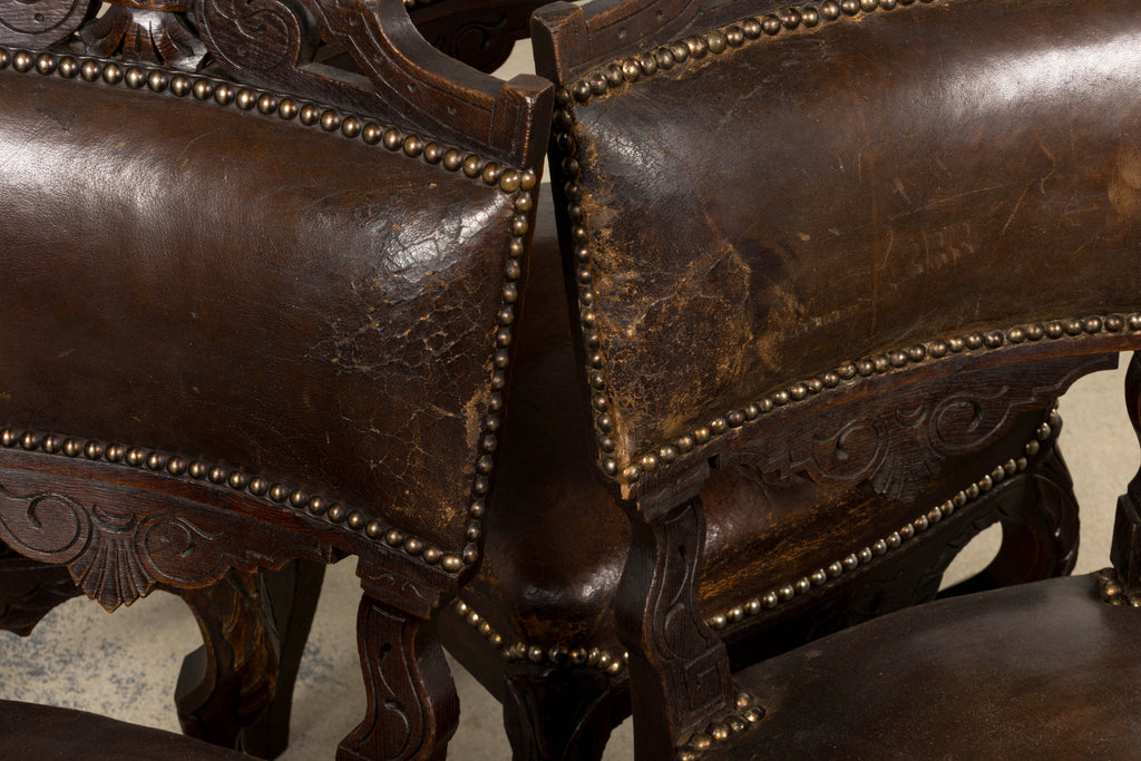 Antique French Louis XV Style Oak Dining Chairs W/ Brown Leather - Set of 8